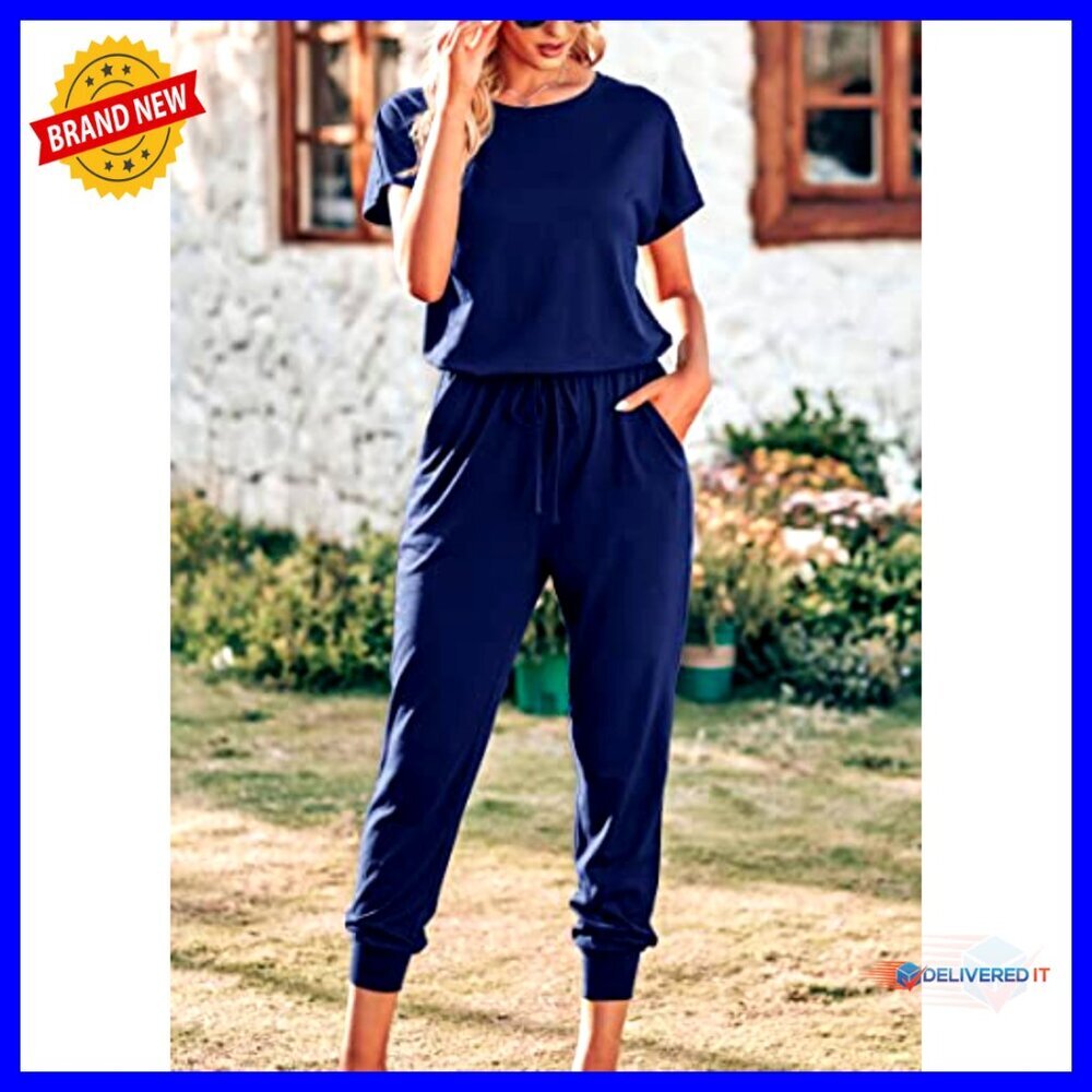 Short Sleeve Jumpsuit Casual Loose Fit Lightweight Summer Travel Outfit - Picture 2 of 7